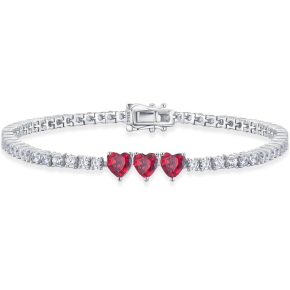Sterling Silver Heart Tennis Bracelet 7in Ruby Charm Daily Wear - Picture 1 of 4